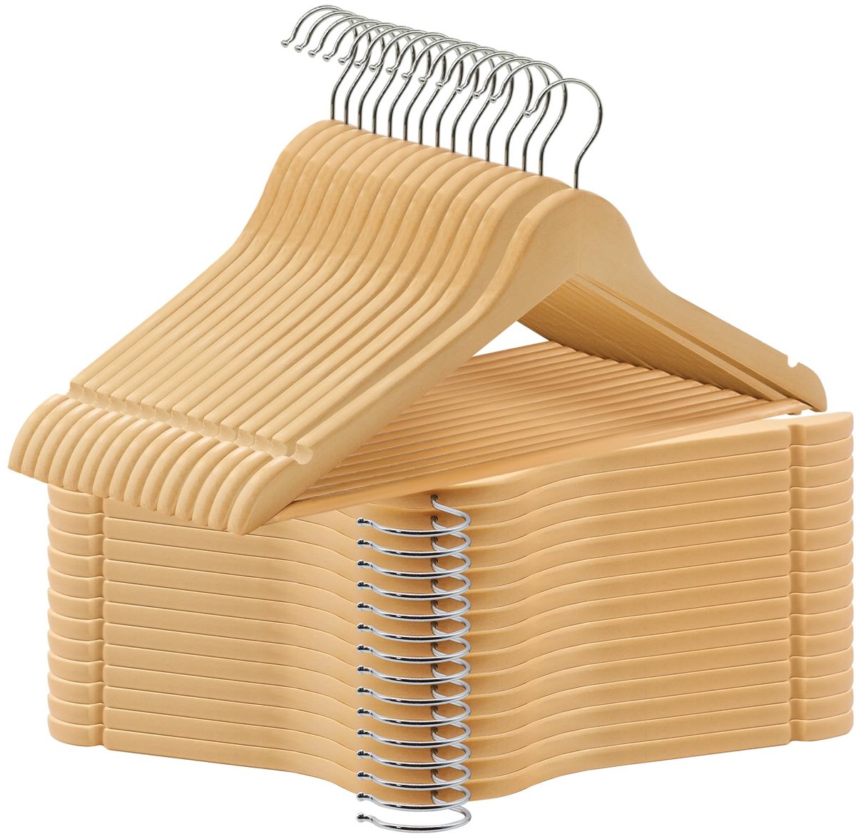 UAWY0530N Set van 30 houten kleerhangers, 360° draaibare haak, kledinghangers met antislip inkepingen, kledinghangers voor jassen, shirts, jurken, natuurlijk