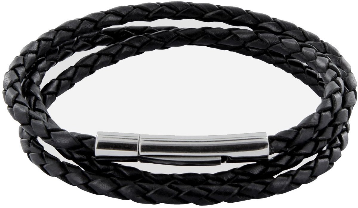 gevlochten leren ketting zwart 3 mm, zonder hanger, roestvrijstalen kliksluiting, 60 cm