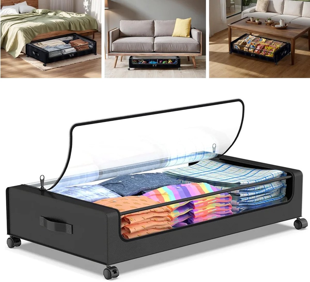 Opbergdoos Onder Bed met Wielen - Grote Opbergbox met Transparant Deksel - Stofdicht - Voor Kleding, Dekbedden, Speelgoed & Schoenen