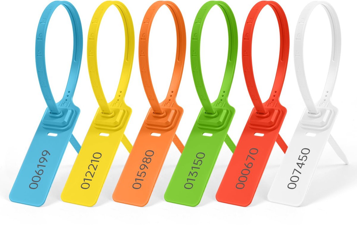 flintronic Flintronic 60x Plomben, veiligheidsplomben van kunststof, kunststof kabelbinderlabels met genummerd, kabelbinderlabels kleurrijk voor koffers, reisbagage, kleding, schoenen (platte strip)