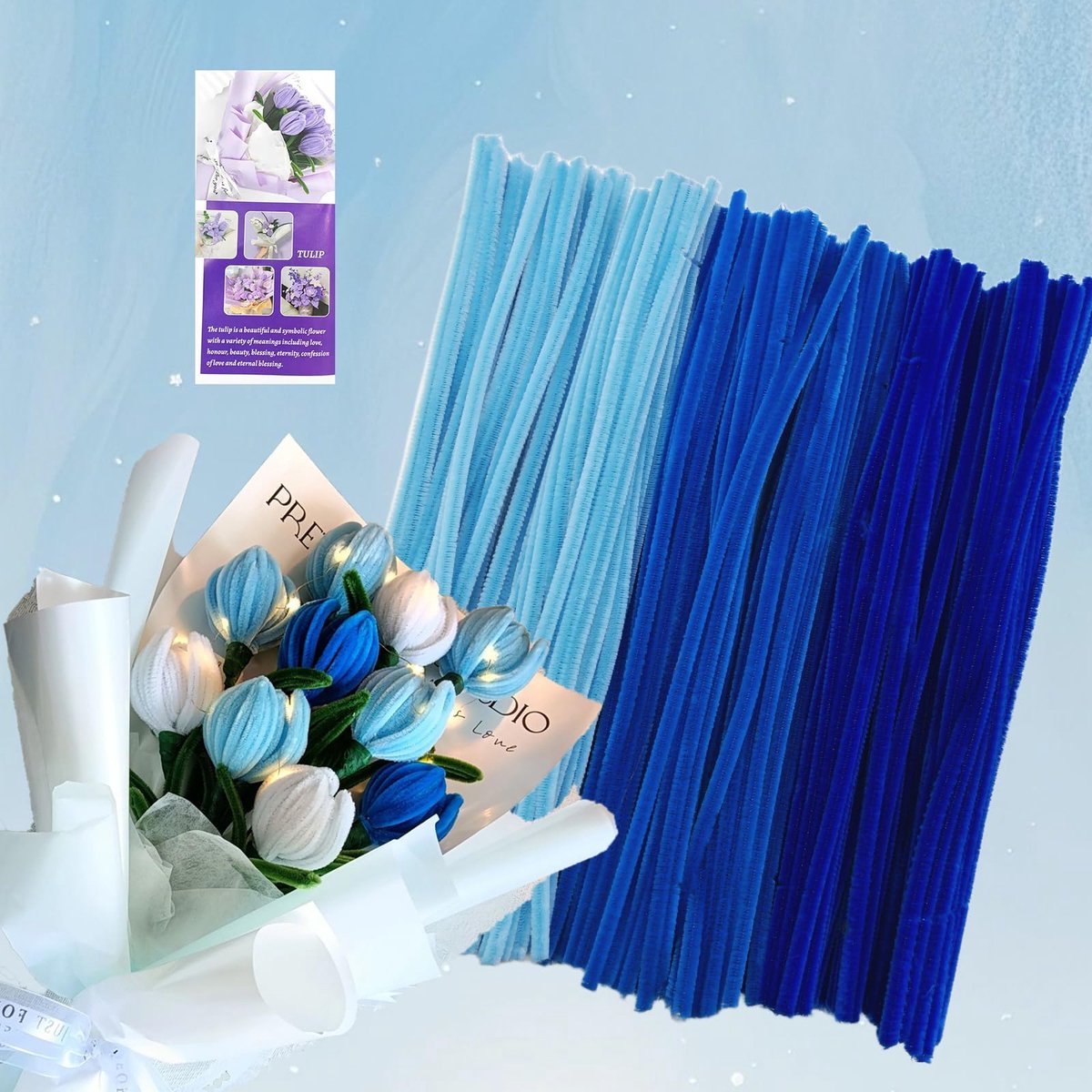 300 Stuks Chenilledraad 30cmx6mm Pijpenragers Bloemen Knutselwerk voor Pijpenreinigers diy Kleurrijk Cure Pipe Pipe Cleaners Pijpendraad voor Creatieve Decoreren-Kleurverloop blauw