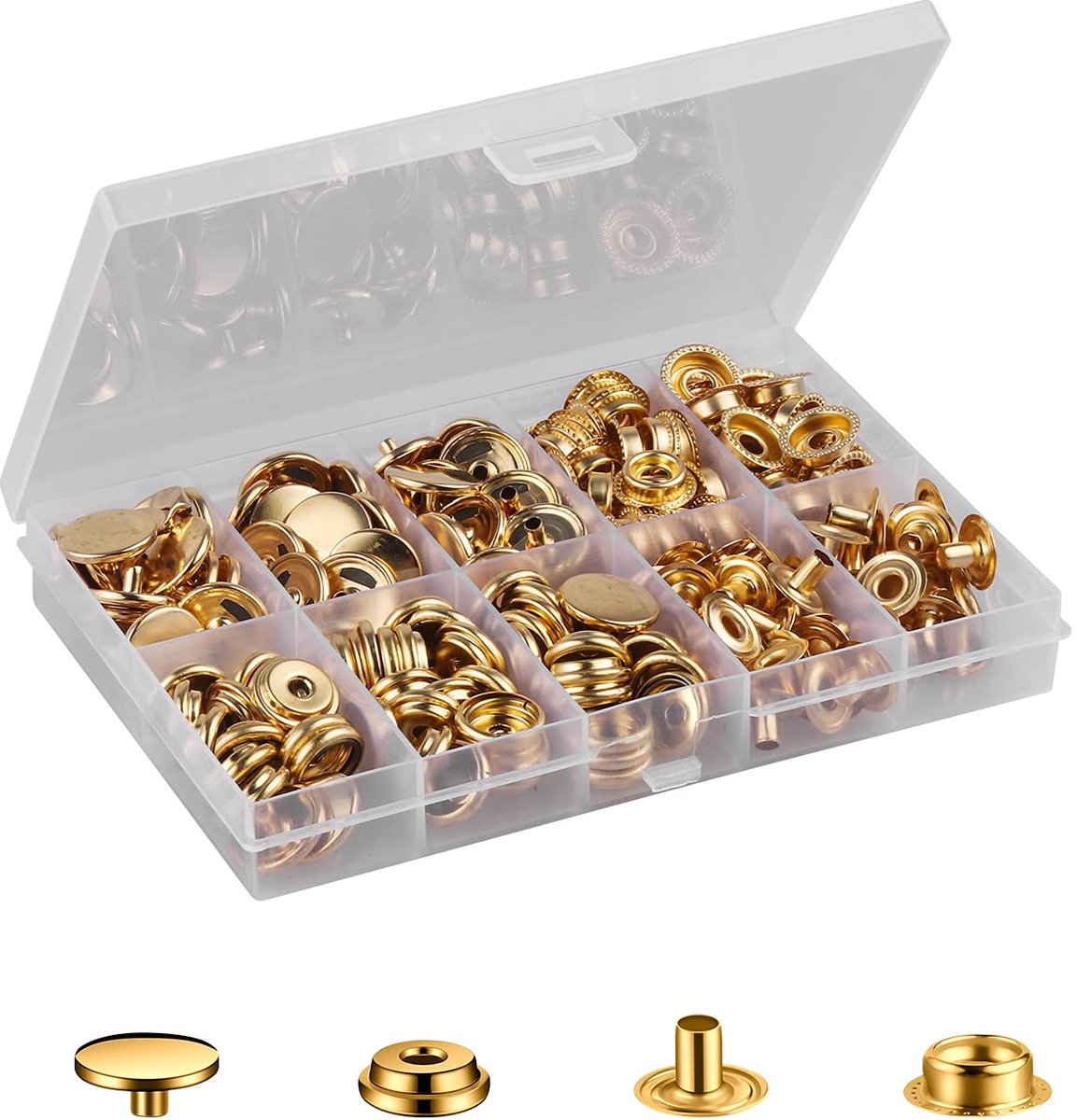 Set drukknopen, metalen drukknopen, schroefbaar, roestvrij stalen moeren en bouten, set voor kleding, leer, handwerk, jas, portemonnee, handtas (50, goud)