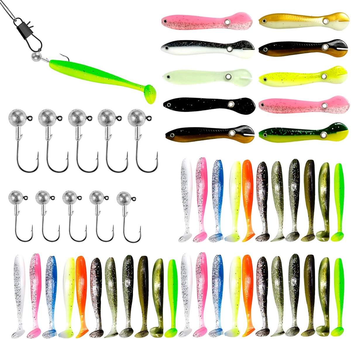 53 stuks hengelaas, set van 2 maten jigkoppen, 10 stuks jighaken 43 stuks rubberen vissen, visaas, karper, accessoireset, snoekaas voor zoutwatervissen en zoetwatervissen
