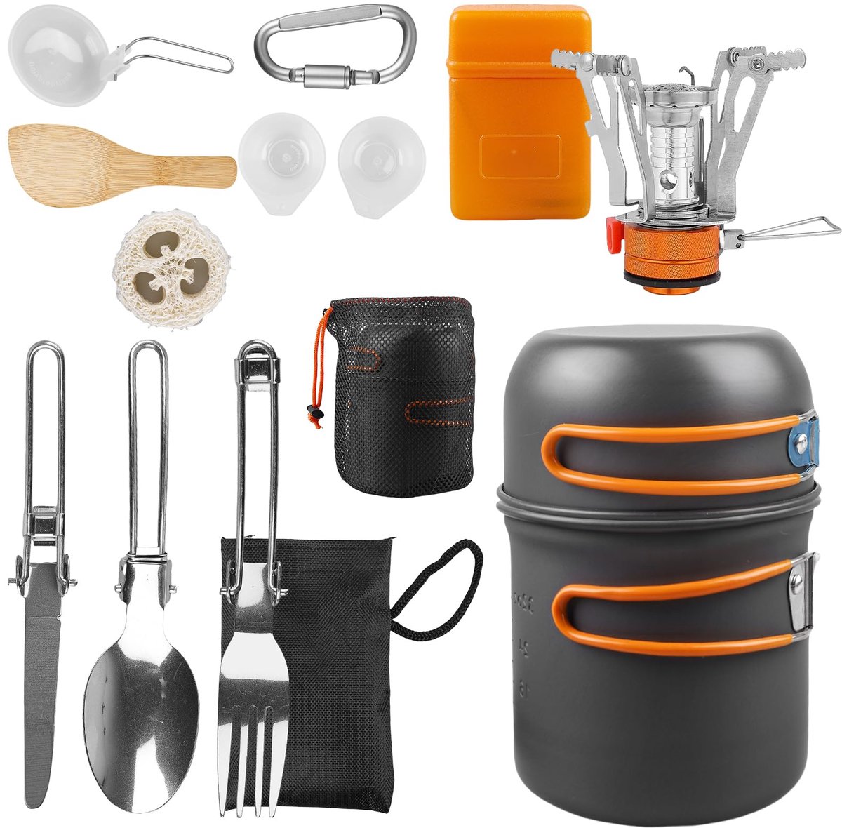 campingserviesset met gasfornuis, outdoor kookgerei, pannenset, opvouwbaar, campingservies, 2 personen, campingpan van aluminium, voor wandelen, outdoor, koken, picknick