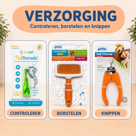 Verzorging: een product voor het verwijderen van teken, een borstel en een nagelknipper voor honden.