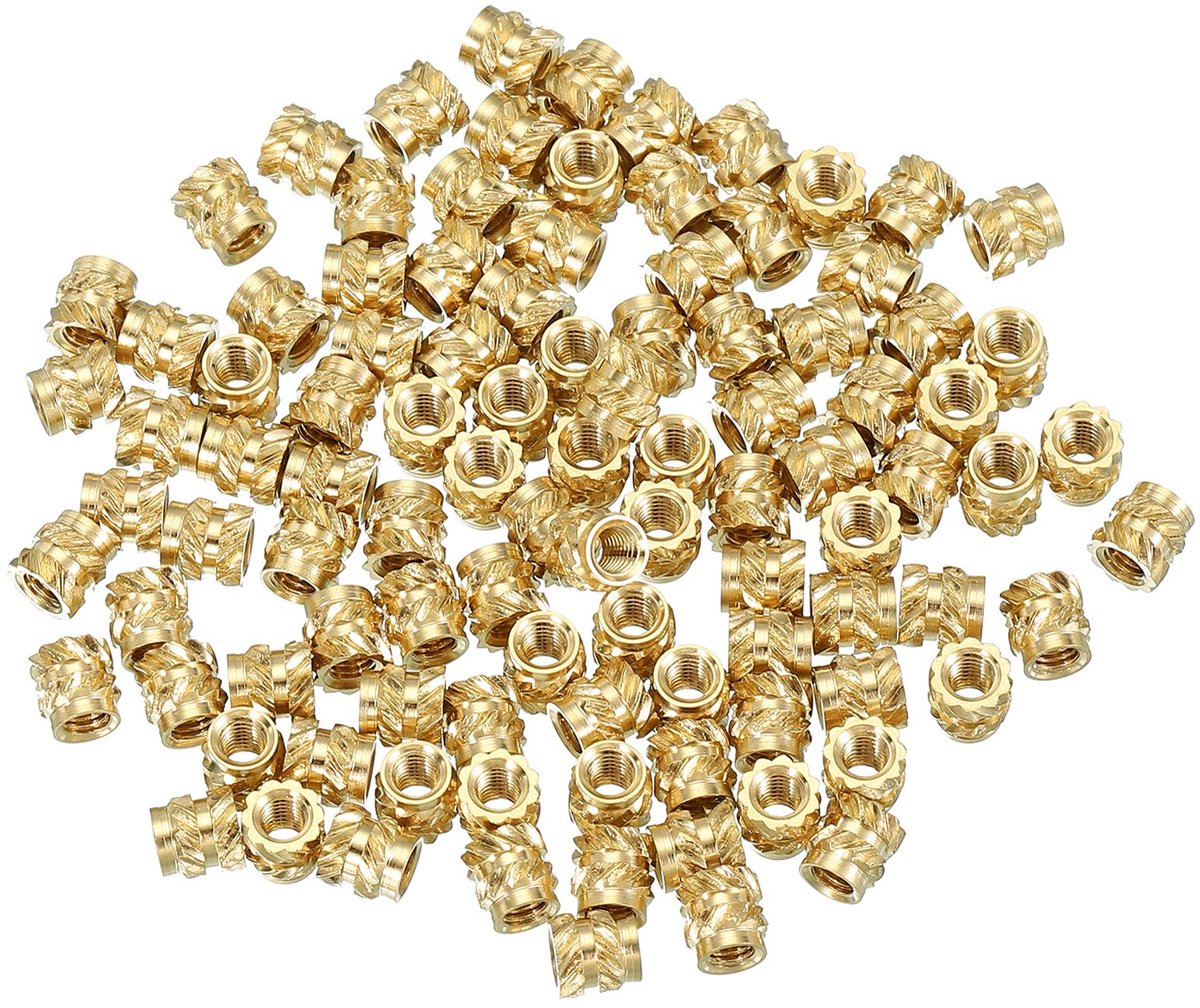Draadinzetstukken M3 x 5 x 5 mm, 100 stuks messing verwarmingsinzetstukken vrouwelijke draadinzetstukken, metrische geribbelde moeren, inbedingsmoeren voor kunststof en