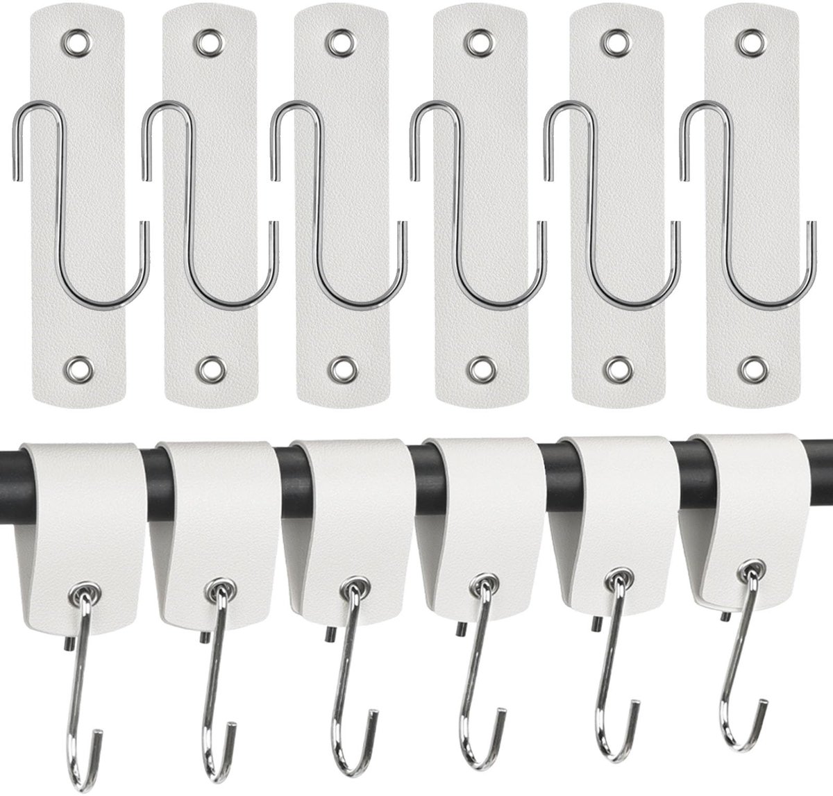 Haken van leer, S-haken met lederen strepen, roestvrij staal, grote S-haken, keukenhaken voor het ophangen van handdoeken en kopjes (wit)