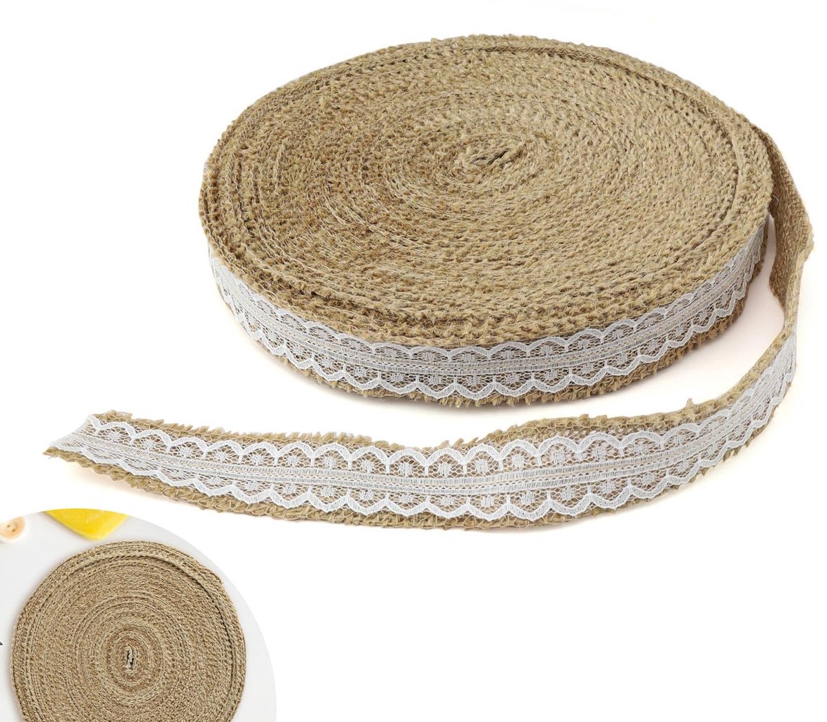Jute linten, 20 m x 2,6 mm, jute lint met kant, cadeaulint, bruiloft, decoratief lint, jute geschikt voor doe-het-zelf knutselwerk, bruiloftsfeest, decoraties, woondecoraties