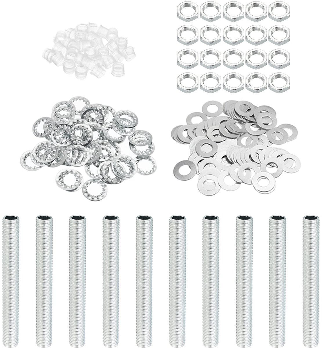 M10 schroefdraad 80 mm (3,15 inch) lampslang kit met vergrendelingsmoeren sluitringen, bevestigingen assortiment voor kroonluchter plafond DIY licht, zink coating