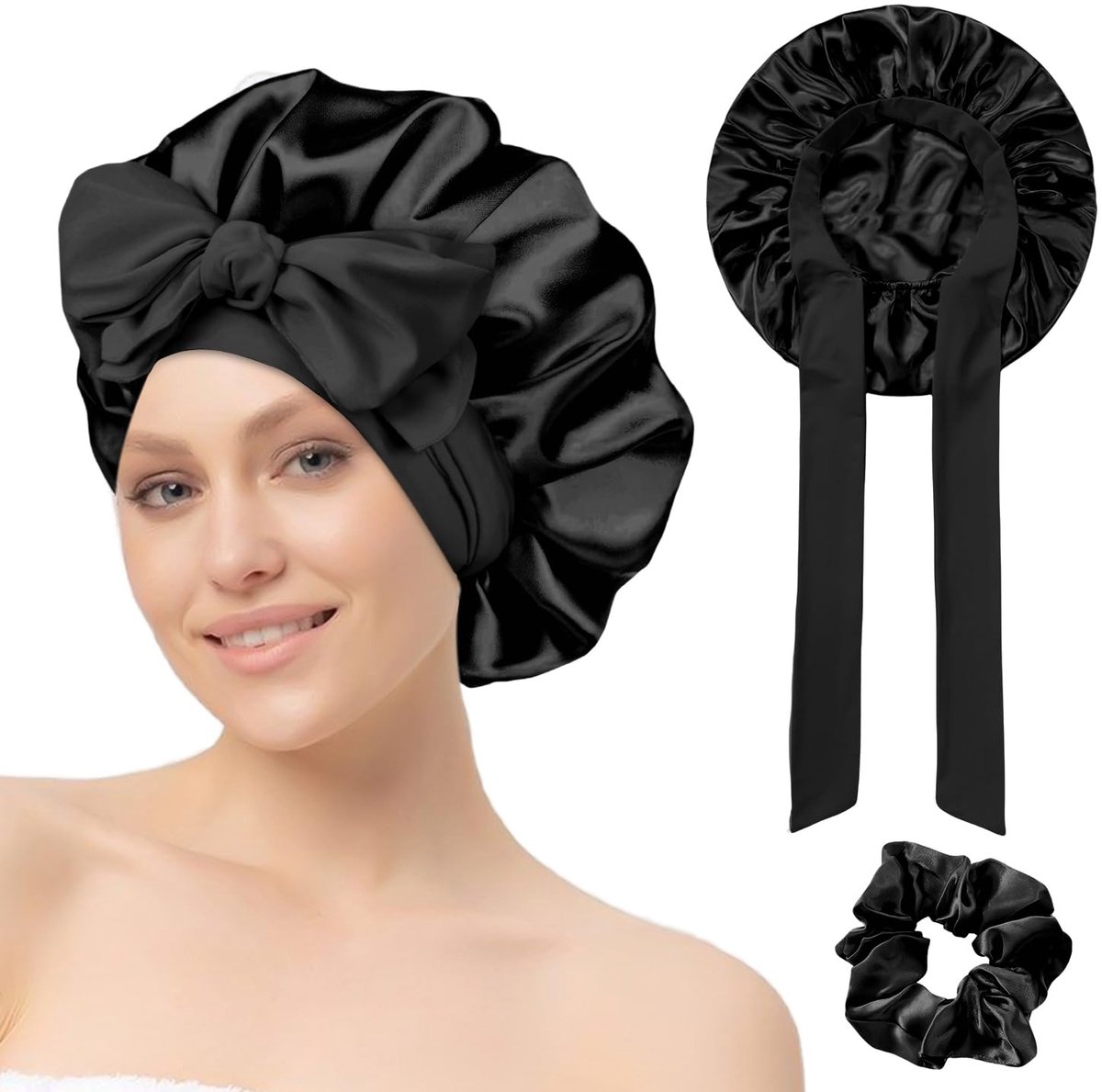 slaapmuts, satijnen slaapmuts met elastiek, zijden slaapmuts met scrunchie voor vrouwen en meisjes, lang, steil en krullend haar (zwart)