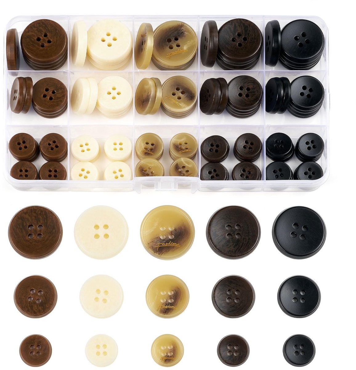 105 stuks gemengde naaiknoppen, 5 kleuren 4-gaats knutselknoppen, 3 maten (15 mm, 20 mm, 25 mm) naaiknoppen voor kleding, geschikt voor doe-het-zelf ambachten, jassen, overhemden, broeken