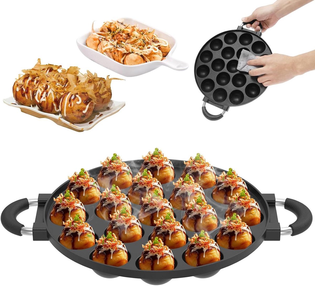 Poffert Pan - Mini Pancake Maker - Japanse Snacks Maken - Anti-aanbaklaag - 19 Mini Holtes - Zwart