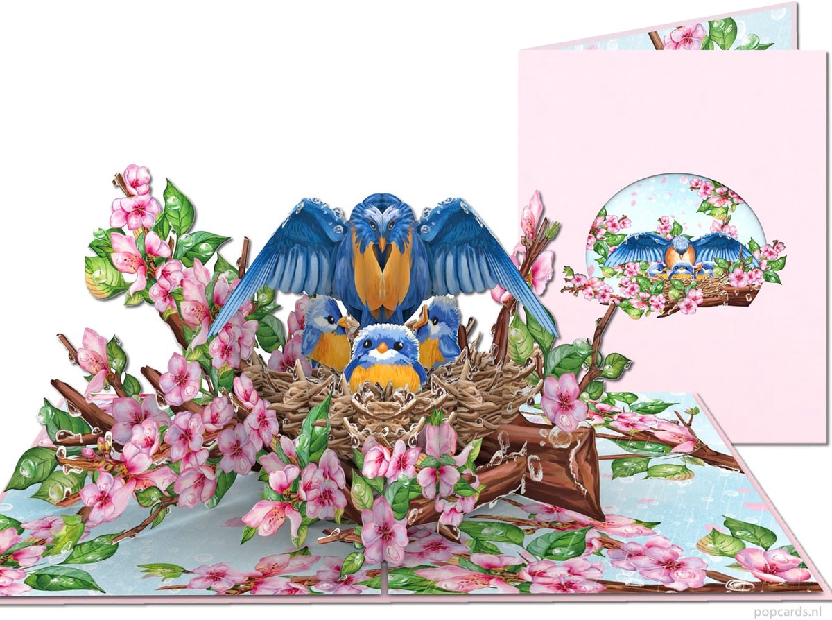 Popcards pop-up kaart - Vogelnest met Bluebird 3D-kaart Wenskaart (Sialia, Vogels & Kersenbloesem, moederdag, moeder)