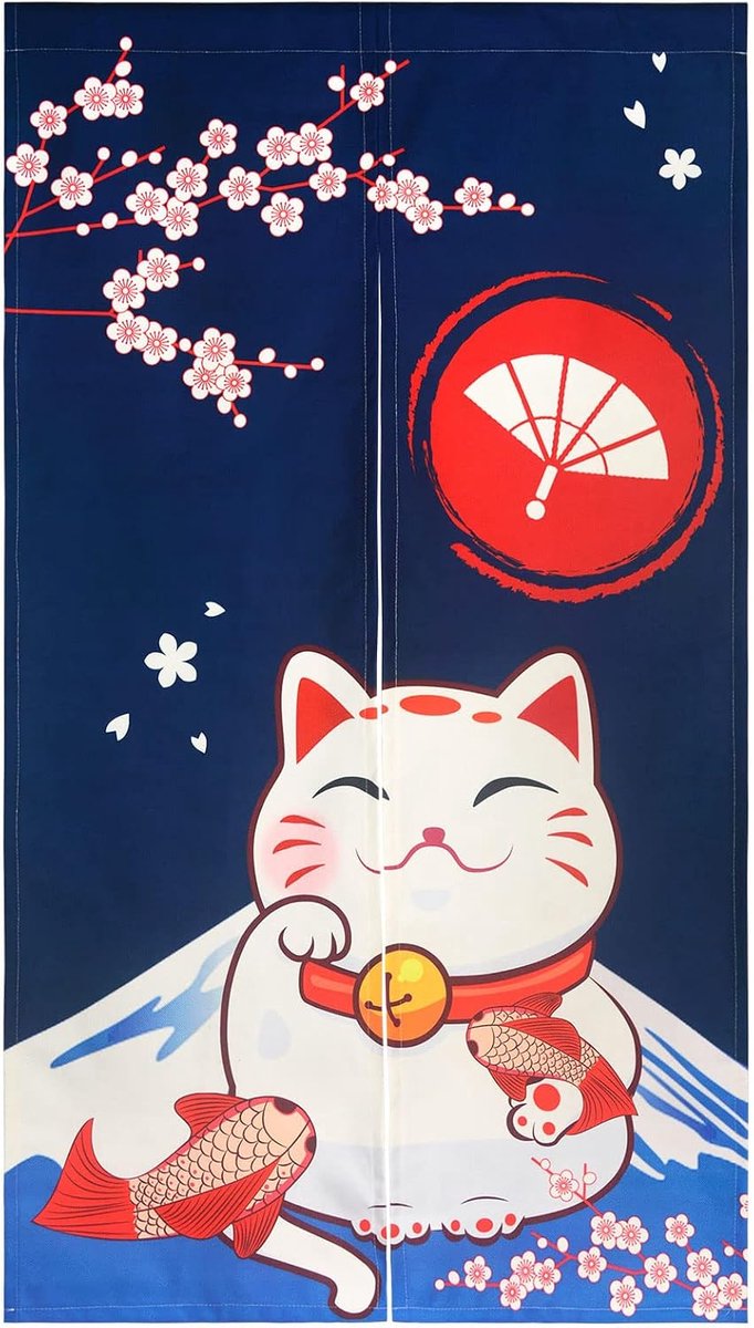Noren Deuropening Gordijn Japanse Stijl Traditionele Mountain Fuji Lucky Cat Kersenbloesem Gedrukt Katoen Linnen Raambehandeling Deurtapijt voor Woondecoratie 85 x 150 cm, Marineblauw