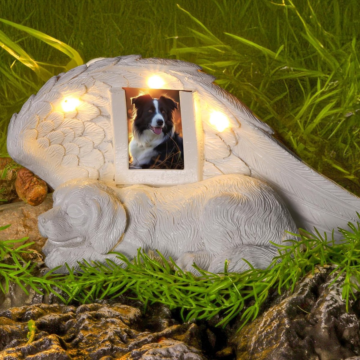 Herdenksteen voor honden, herdenking hondenbeeld met led-zonnelicht | Urn voor as, gedenksteen voor huisdieren, grafsteen van kunsthars, slapende hondenengelfiguur van kunsthars