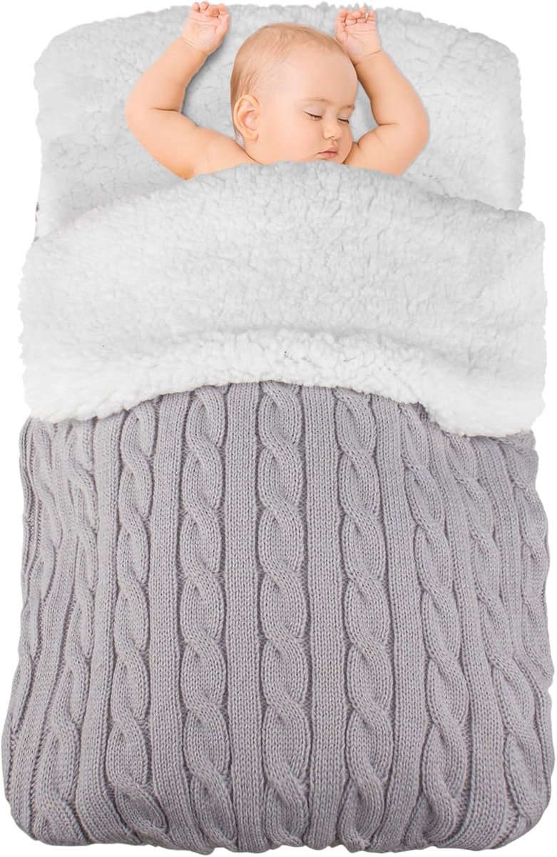 Inbakerdoek voor baby's, winter, 0-3-6 maanden, pasgeborenen, winterslaapzak, gebreide wikkeldeken, babyslaapzak met fleece voor jongens/meisjes (grijs)