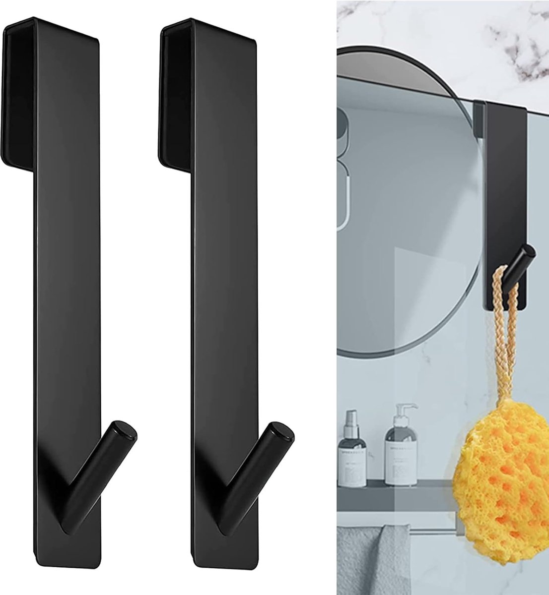 Set van 2 douchehaken van staal, haken voor doucheglas voor badjas, handdoekhouder, badkamer, met beschermende bekleding (zwart) | Zonder boren, roest- en corrosiebestendig, geschikt voor badkamers en toiletten