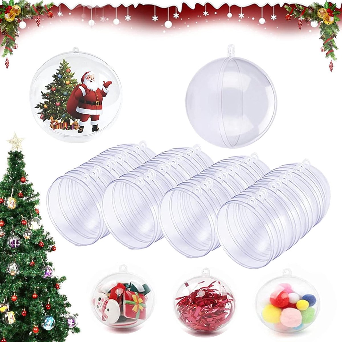 20 transparante 6 cm vulbare doe-het-zelf kerstballen, acryl helder, deelbaar, herbruikbaar