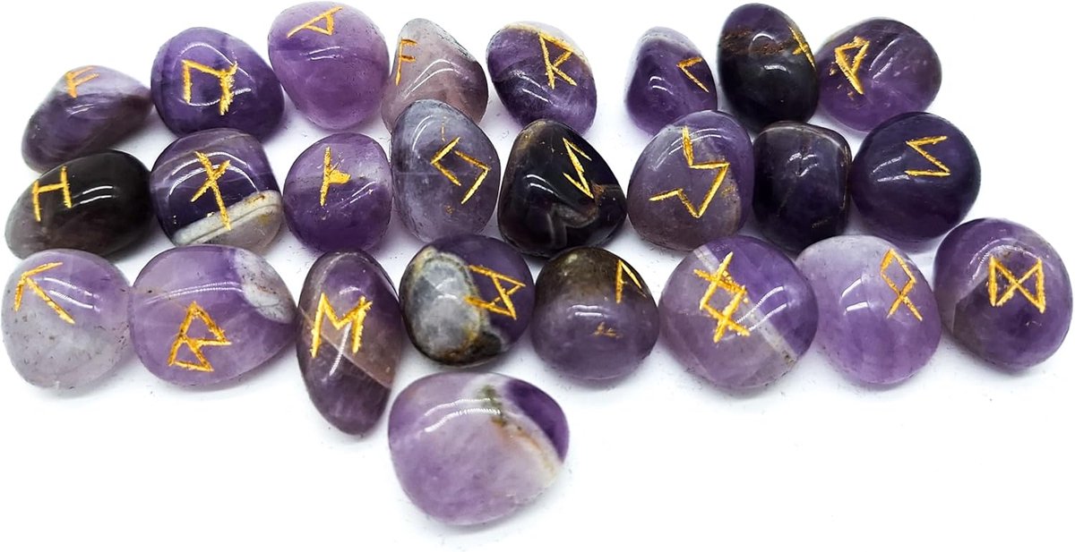 Runen Set Elder Futhark Geneeskrachtige steen Amethyst 25 stenen ca. 20 mm in fluwelen zakje | Mythologie Viking Esoterie Meditatie Magie (Amethist gouden gravure)