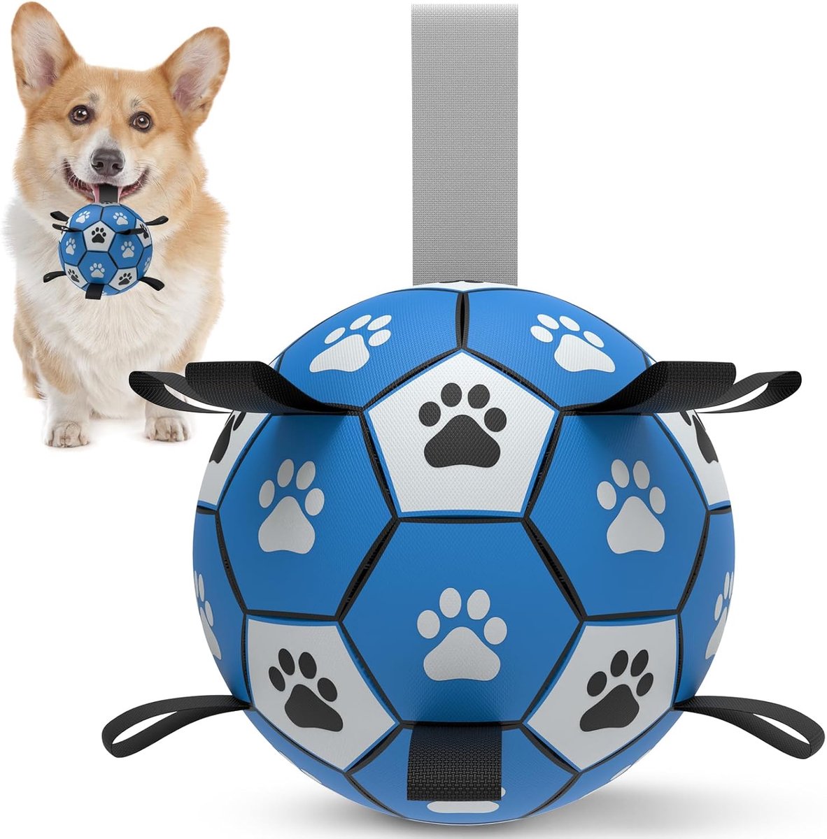Hondenbal, hondenspeelgoed, bal met handvat voor hond, interactief slepen van oorlog, water, hondenballen, speelgoed, verjaardagscadeau voor middelgrote en grote honden (15,24 cm, blauw/grijs)
