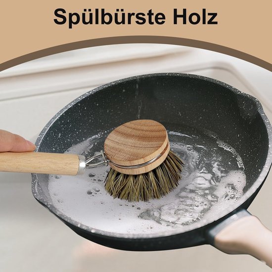 afwasborstel hout met 1 reserveborstelkop en afdruiprek, keukenborstel met lange steel, natuurlijke vezelharen, reinigingsborstel voor het reinigen van potten, pannen, servies, kookplaten, spoelbakken — afbeelding 5