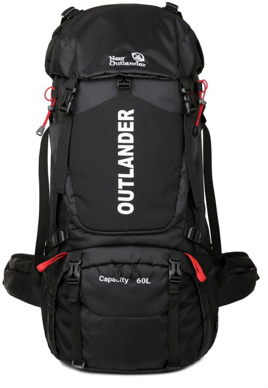 Zwarte Outlander rugzak met rode accenten en een inhoud van 60L.