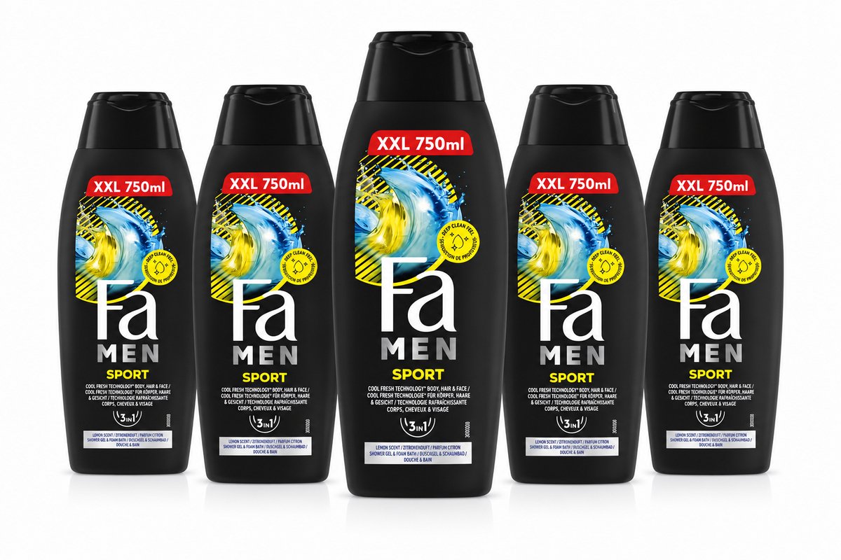 Fa Men Sport 3-in-1 Douchegel XXL 750 ml – Lemon Scent – Body, Hair & Face – Voordeelverpakking 5 Stuks