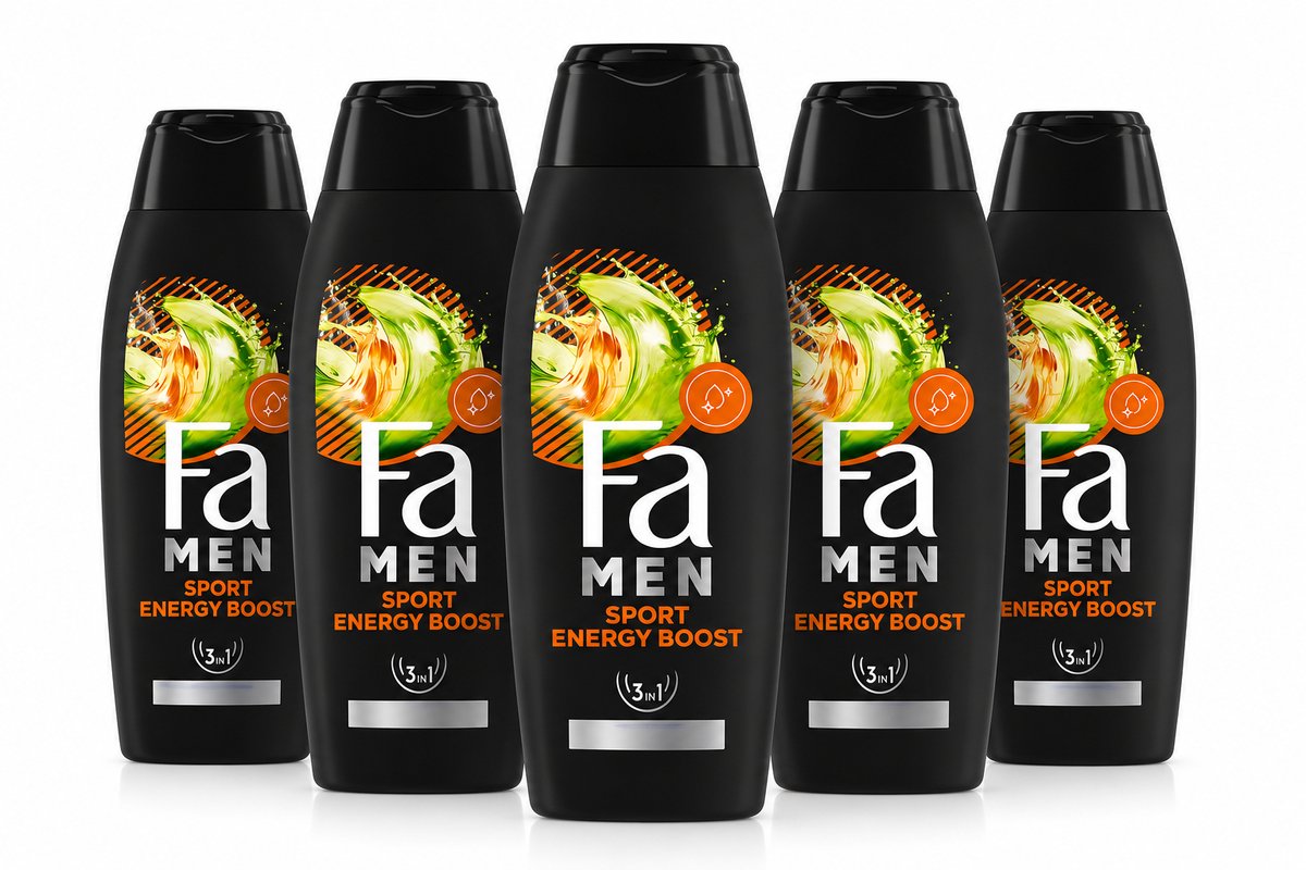 Fa Men Sport Energy Boost 3-in-1 Douchegel XXL 750 ml – Guarana – Body, Hair & Face – Voordeelverpakking 5 Stuks