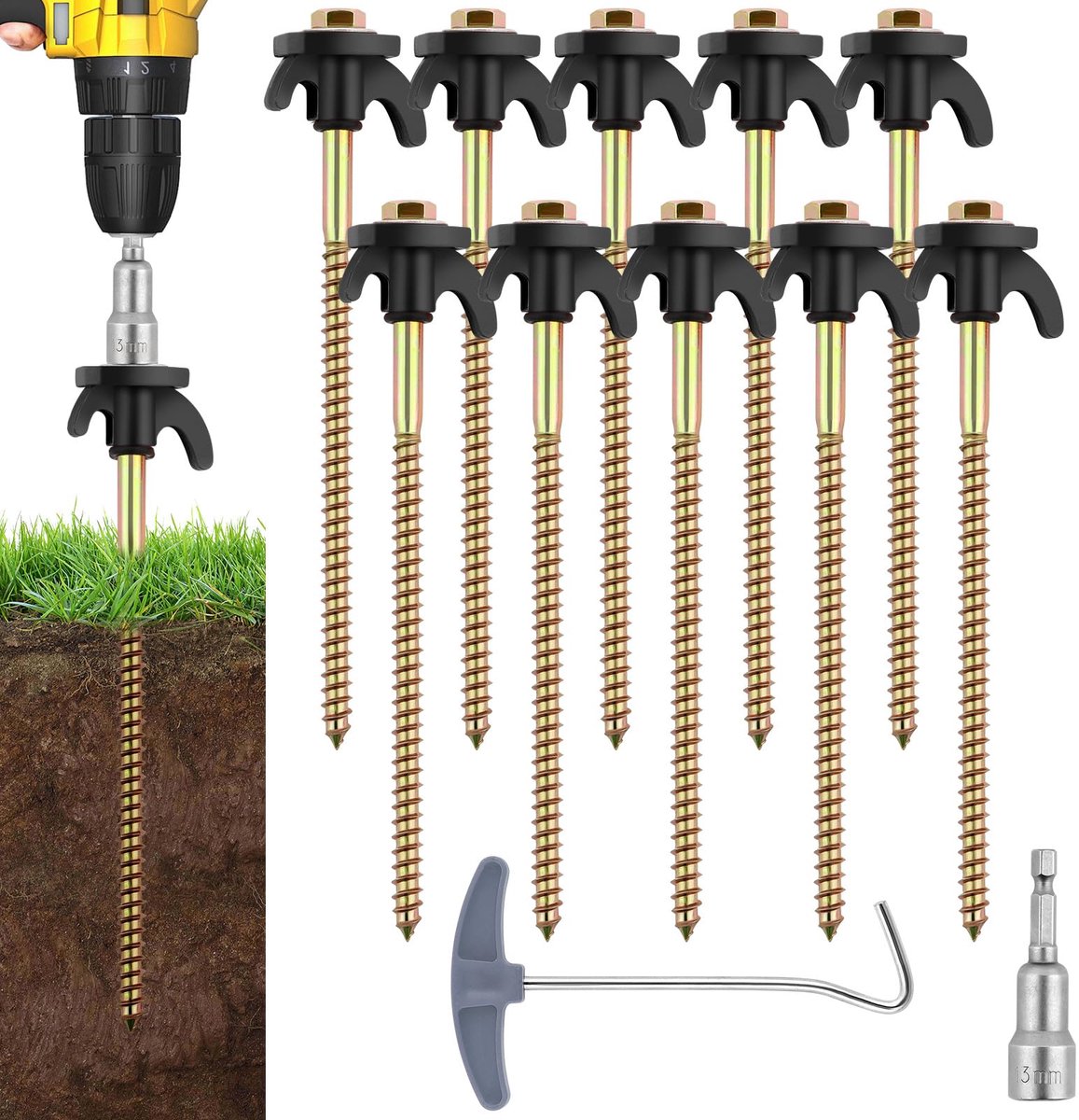 SnelShoppen - 10 Stuks Tentharingen Heavy Duty 20,3 cm Roestvrij Stalen Camping Stakes met Schroefdraad en Peg Extractor voor Harde Grond en Grind - I