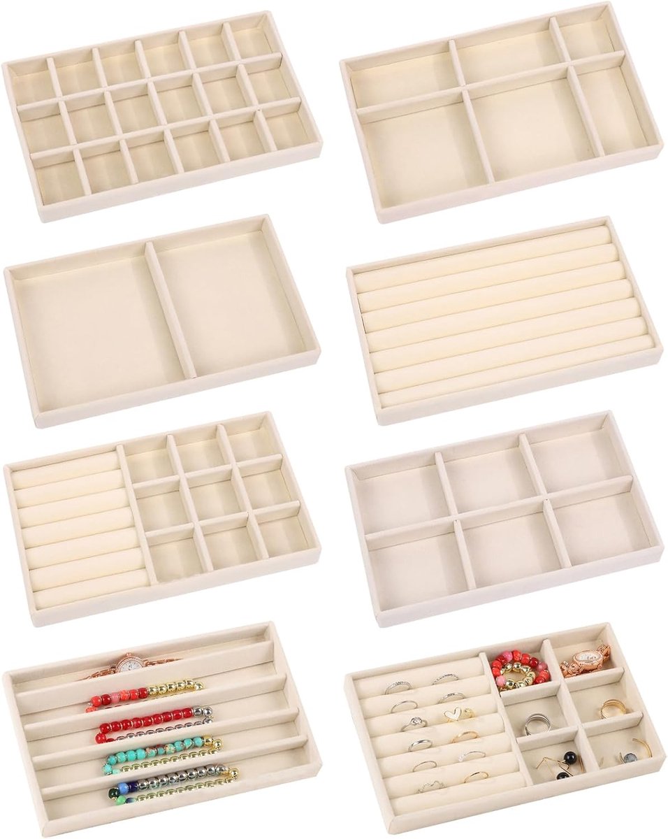 SnelShoppen - 8-delige Sieradenboxen Set, Fluwelen Inleg voor Lades, Uittrekbare Sieraden Organizer, Stapelbare Sieradenbox voor Oorbellen, Ringen, Ke