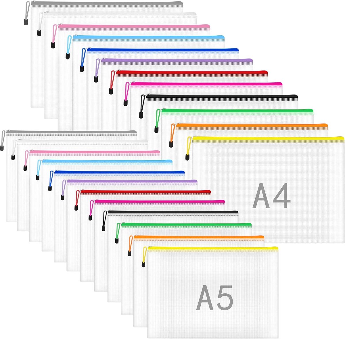 SnelShoppen - Documententas A4 A5 - 24 Stuks Kunststof Zakken met Ritssluiting - Waterdichte Mesh Tassen in 12 Kleuren voor Documenten, Papier en Cosm