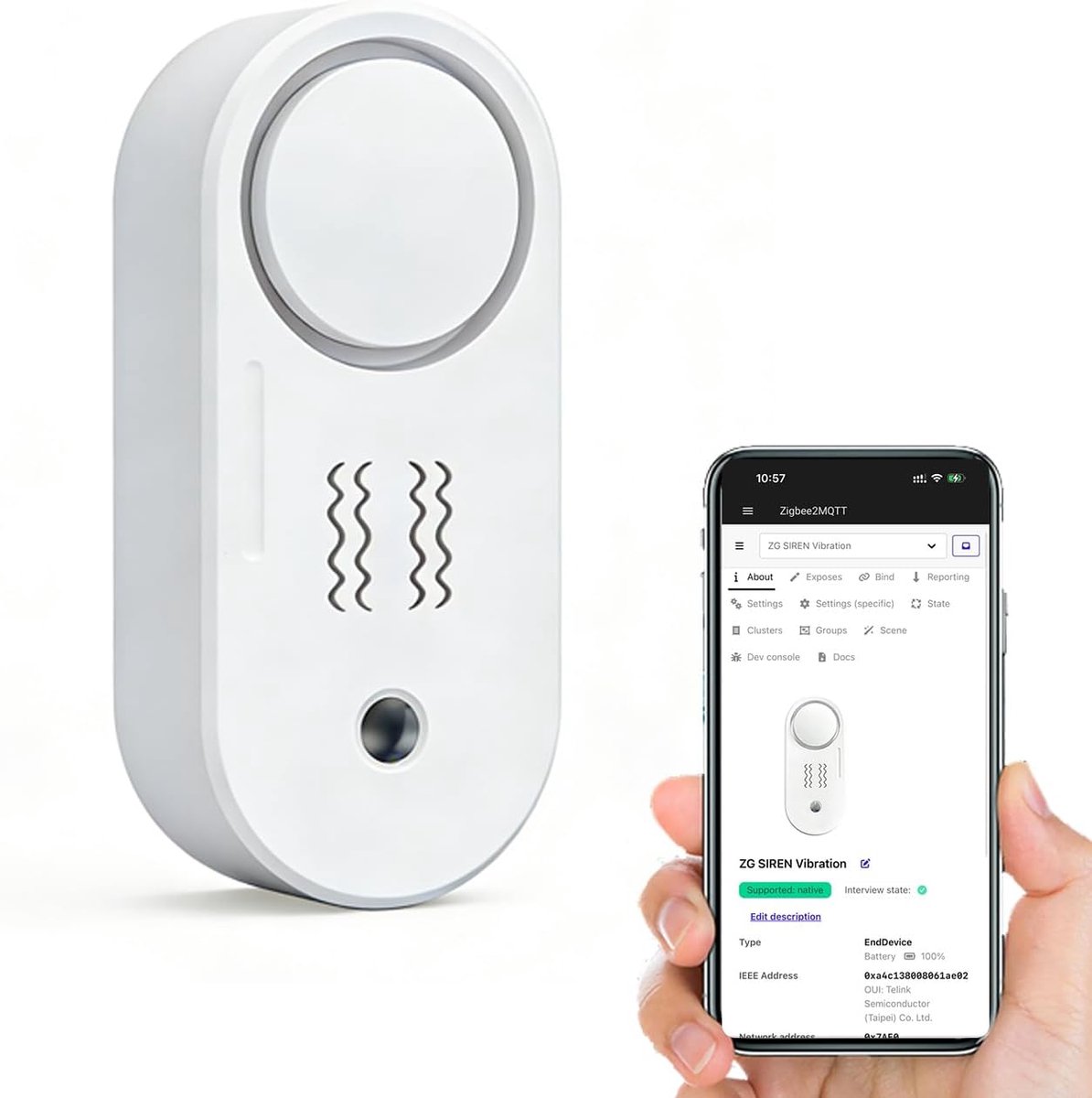 Haozee Zigbee trilsensor met alarmfunctie, 110 dB draadloze sirene - ShopVlot