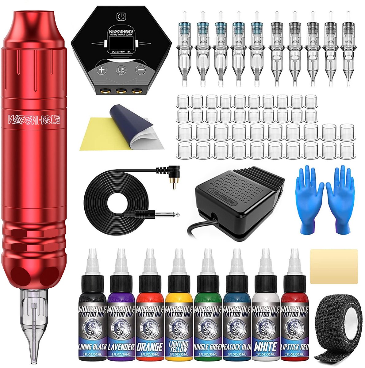 Namajunas - Tattoo machine beginner set - Tattoo Pen - 8 tattoo inkt - 10 tattoo naalden - Tattoo gun - Tattoo set compleet - Rotary Tattoo Machine voor Stick and Poke, PMU en Professionals - Zwart/Rood
