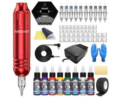 Namajunas - Tattoo machine beginner set - Tattoo Pen - 8 tattoo inkt - 10 tattoo naalden - Tattoo gun - Tattoo set compleet - Rotary Tattoo Machine voor Stick and Poke, PMU en Professionals - Zwart/Rood
