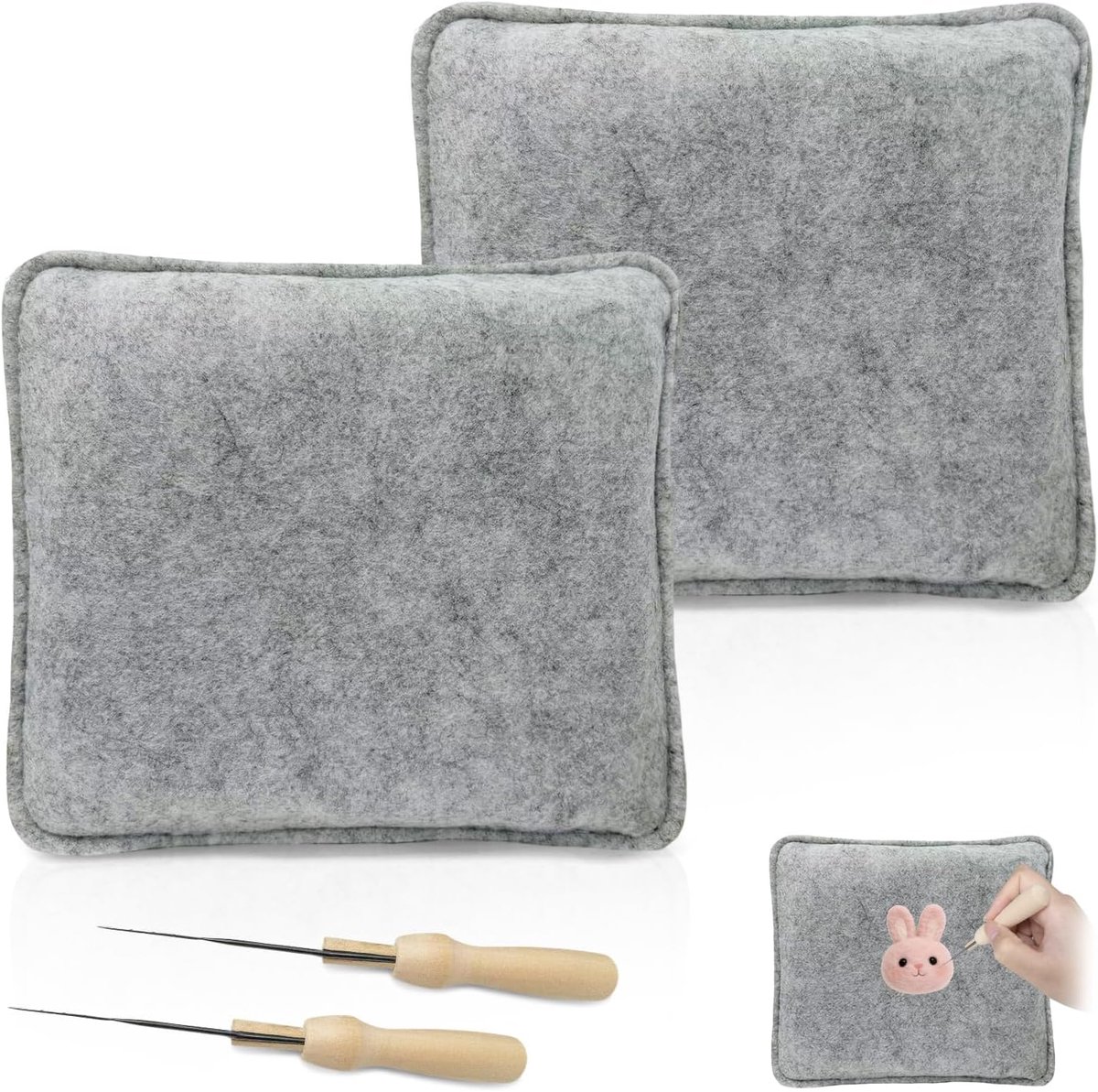 Vilten onderlegger voor naaldvilten, 2 stuks 18 x 15 cm viltmatten + 2 houten viltnaaldenhouders en viltnaalden, starterset voor droogvilten met wolvilt, doe-het-zelf viltprojecten