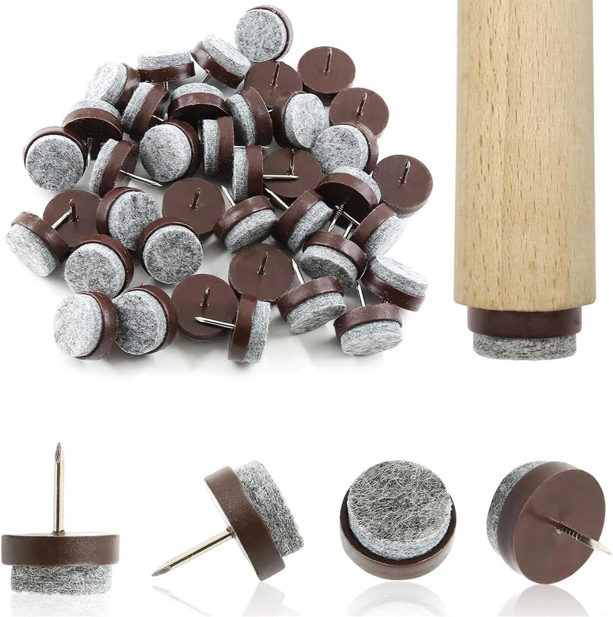 60 stuks viltdoppen voor stoelen Ø 20 mm, ronde poten voor stoelen, viltdoppen met spijker, viltdoppen voor meubels, ter bescherming van meubels en vloeren (bruin)