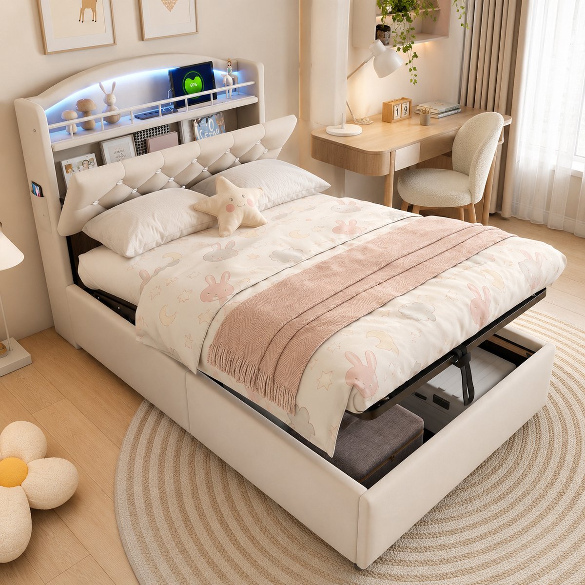 Kinderbed 90x200 cm - Eenpersoonsbed 90x200 cm - Gestoffeerd bed - Opbergbed - Multifunctioneel bed - Met LED-verlichting en USB-interface - Flueel - Beige