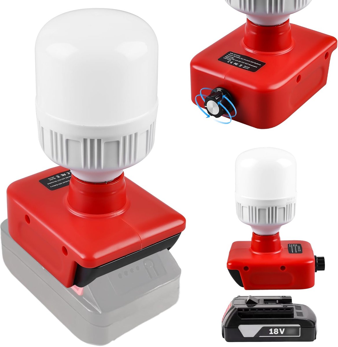 SnelShoppen - Acculamp 18 V voor Camping en Onderhoud - 12 W LED Werklamp met E27 Fitting, Instelbare 150-1300LM, Bouwplaatslamp voor Noodgevallen