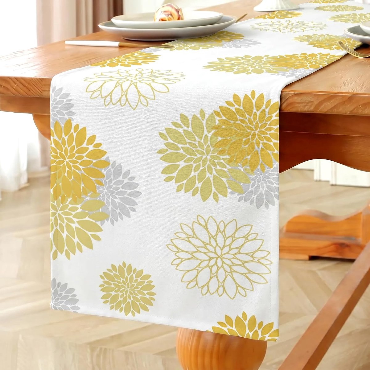 Tafelloper Modern Waterdicht Bloemen Tafelloper Geel Dahlia's Seizoen Herfst Keuken Interieur Decoratie Vakantie Party Bruiloft 33 x 120 cm
