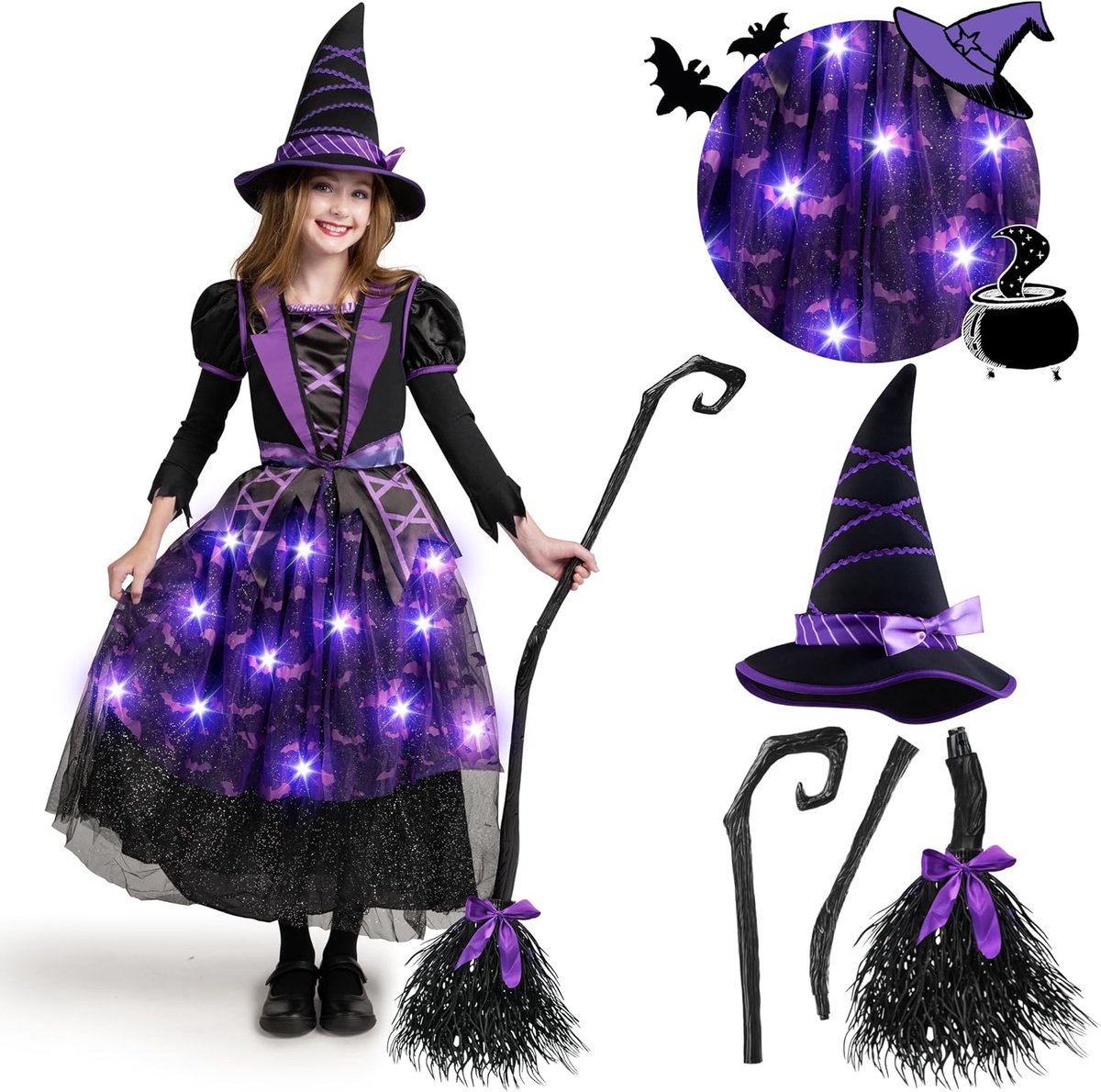 Creations Light Up paars heksenkostuum met hoed voor meisjes, geweldig voor Halloween heks kostuum verkleedpartij