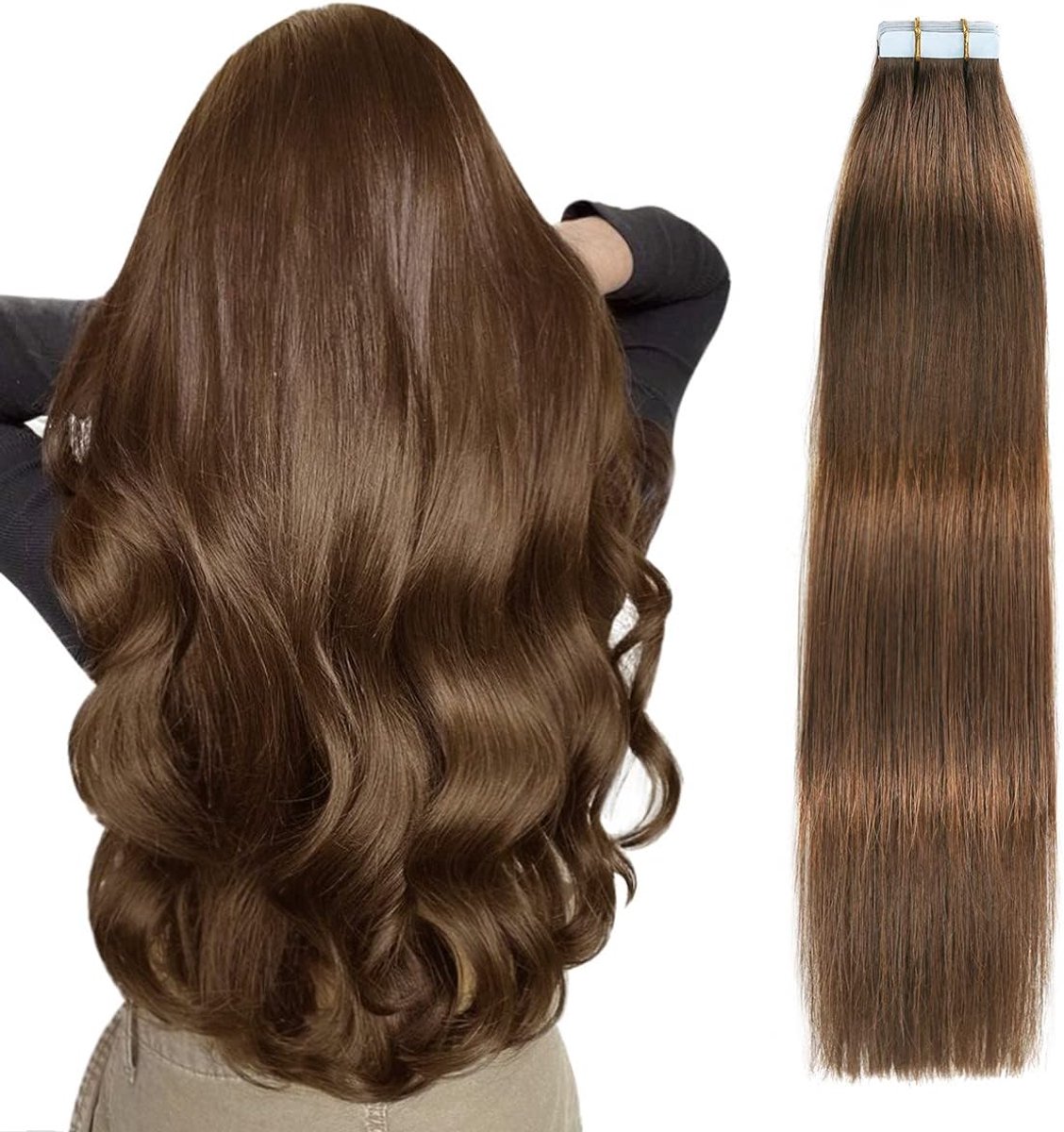Tape-extensions van echt haar, onzichtbare tape-in extensies, echt haar, zijdeachtig, steil, Remy-tape, haarverlengingen, echt menselijk haar, 45 cm, 20 stuks, 50 g, #4 chocoladebr