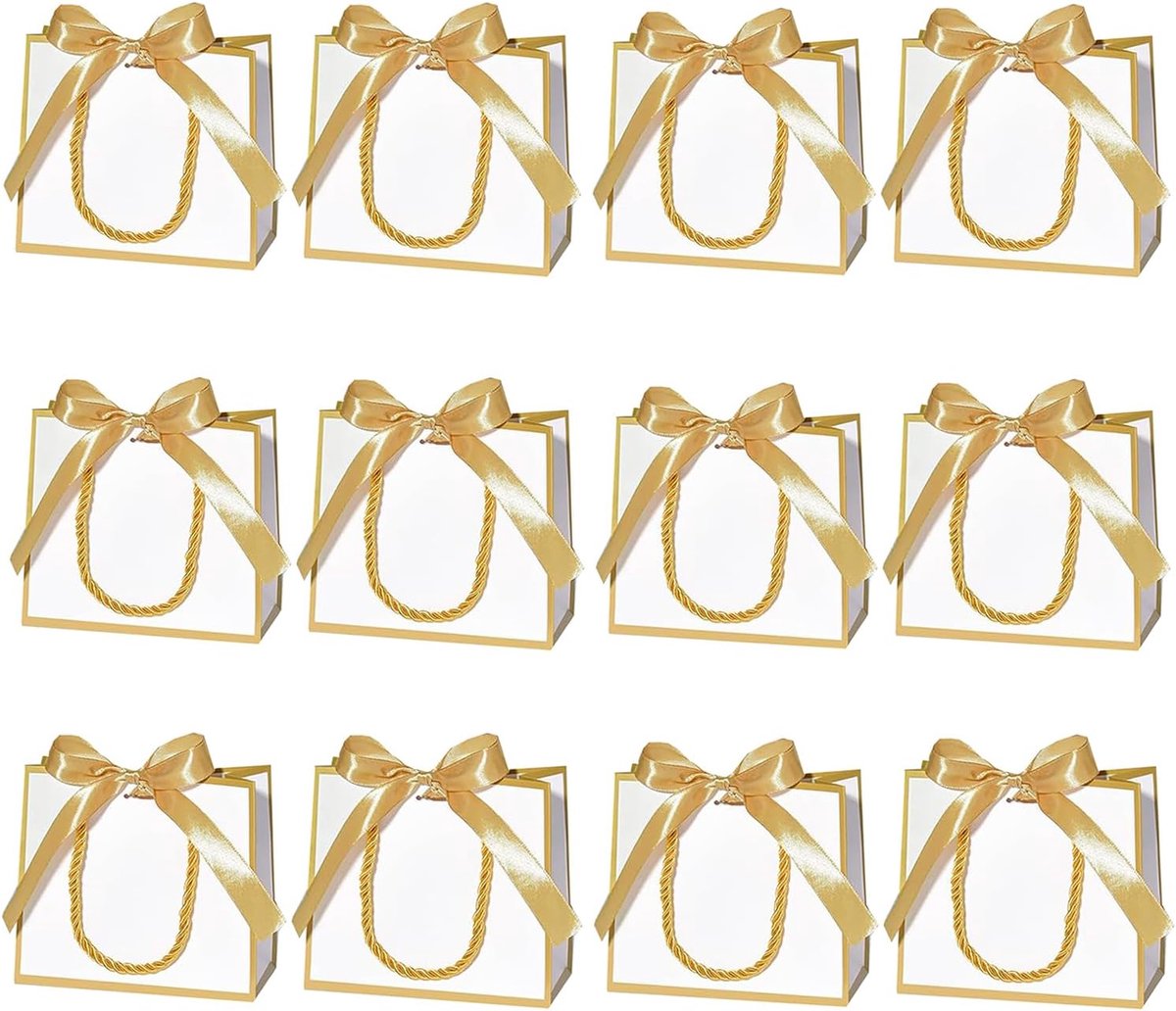 geschenkzakjes met handgrepen, mini-geschenkzakjes met lint voor bruiloft, babyparty, verjaardag, wit, goud, 12 stuks