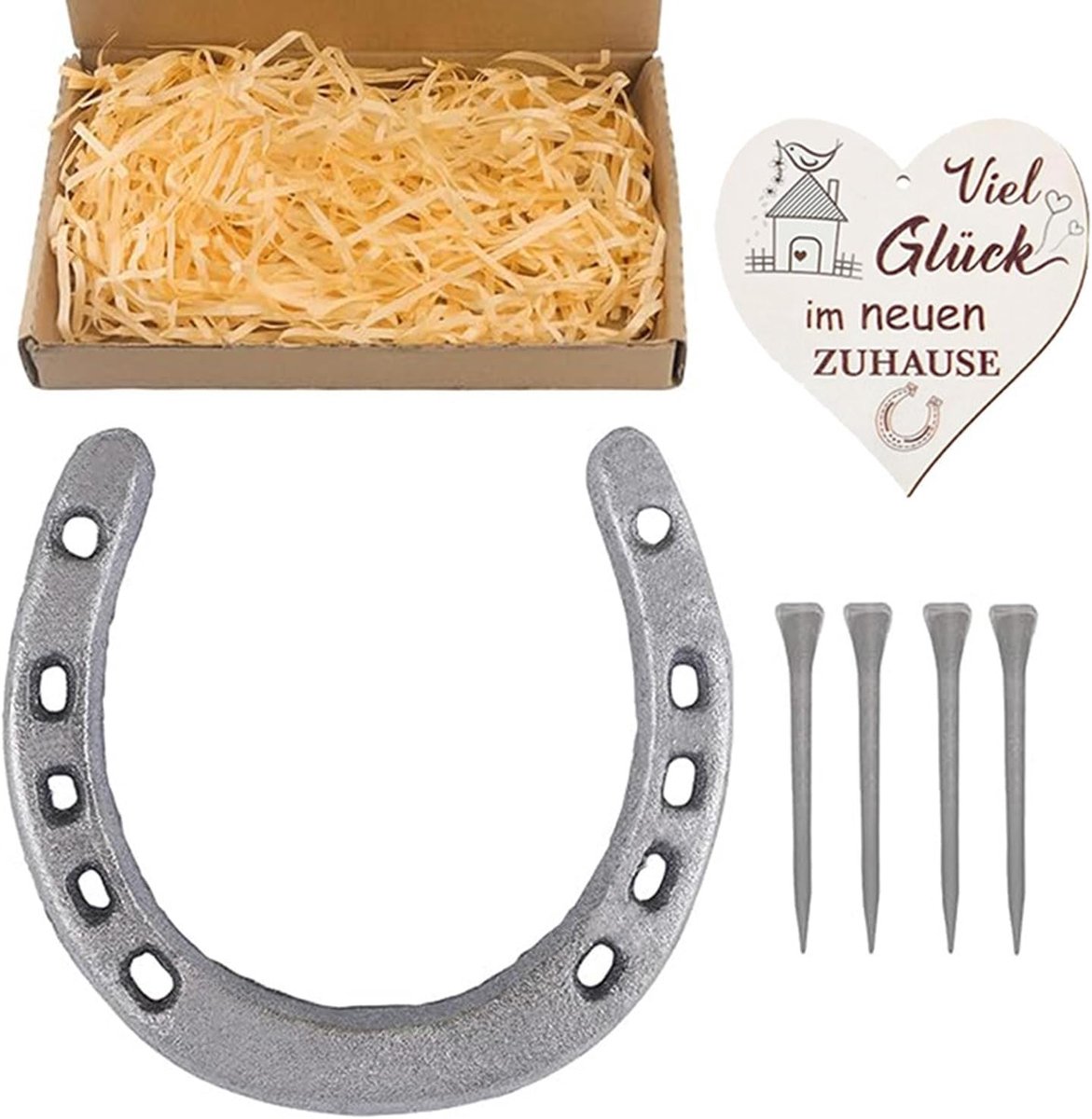 Gietijzeren bruiloft hoefijzer cadeauset - boerderijdecoratie met 4 spijkers & hartplaatje, huwelijkscadeau voor geluksbrengers, housewarming & rustieke woonaccessoires