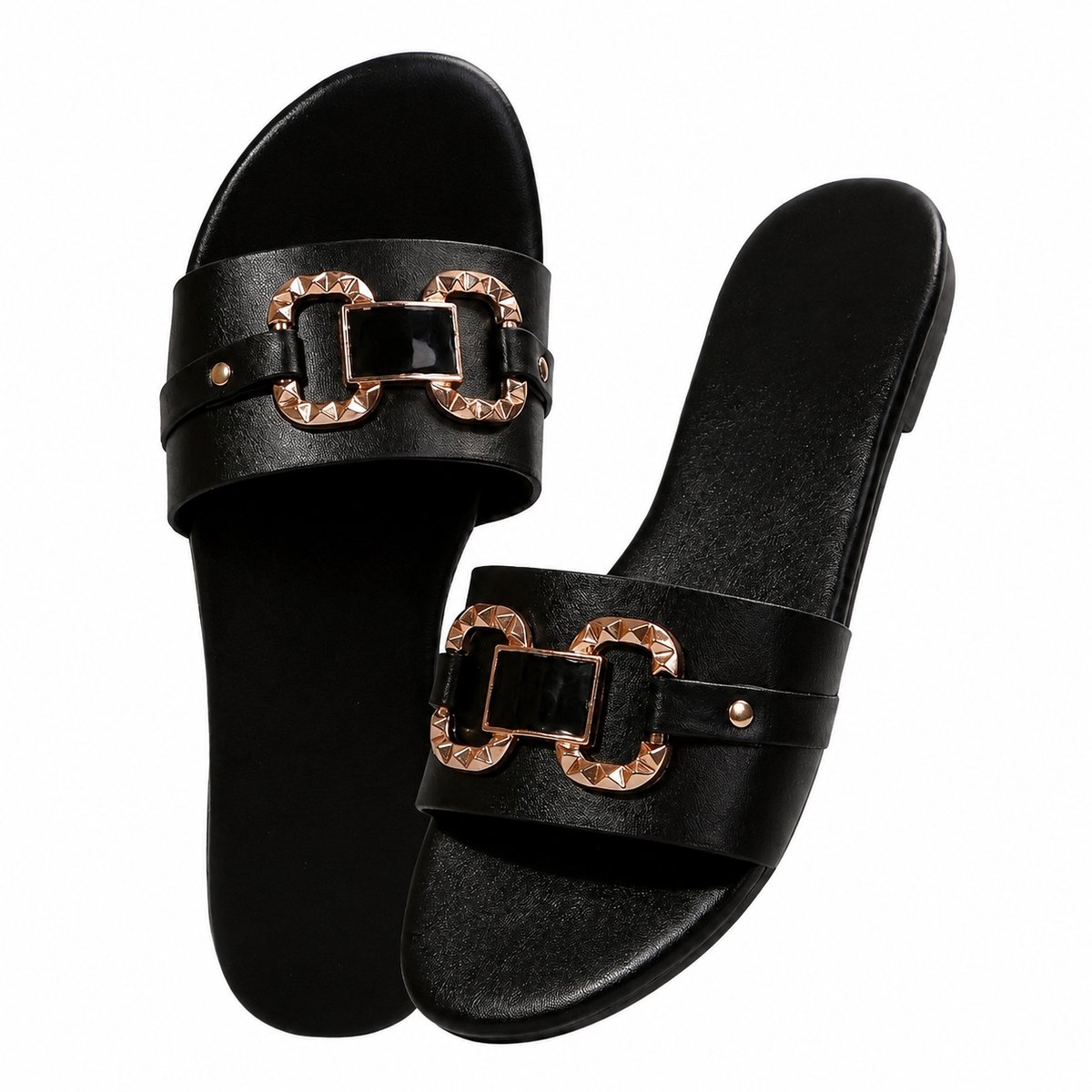 Zwarte dames slippers instap sandalen open teen lage hak casual zomer slippers decoratieve gesp comfortabele slippers geschikt voor binnen en buiten maat 37