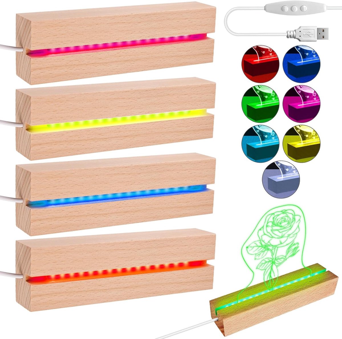 Led-sokkel, hout, 4 stuks, USB-sokkel, rechthoekig, verlicht, 7 kleuren, instelbaar, voor acrylglas, kristalglasplaat, 15 cm lang