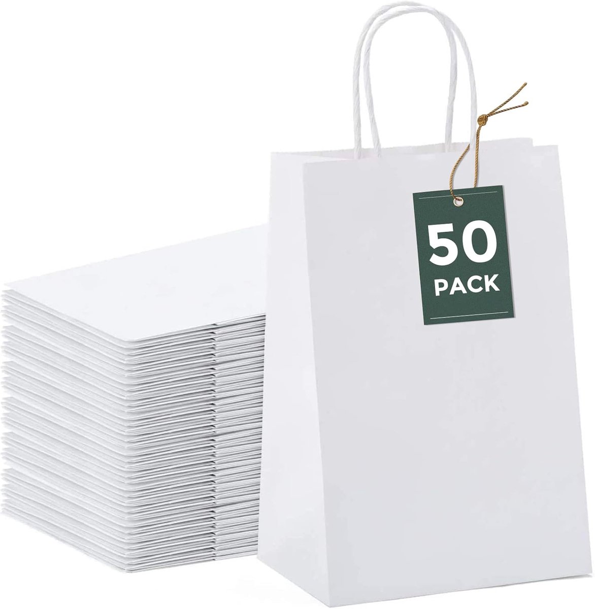 papieren zakken cadeauzakjes 50 stuks wit 13,3 x 9,5 x 20,3 cm kraftpapier met hengsel voor verjaardag, kerstmis, bruiloft, detailhandel, DIY