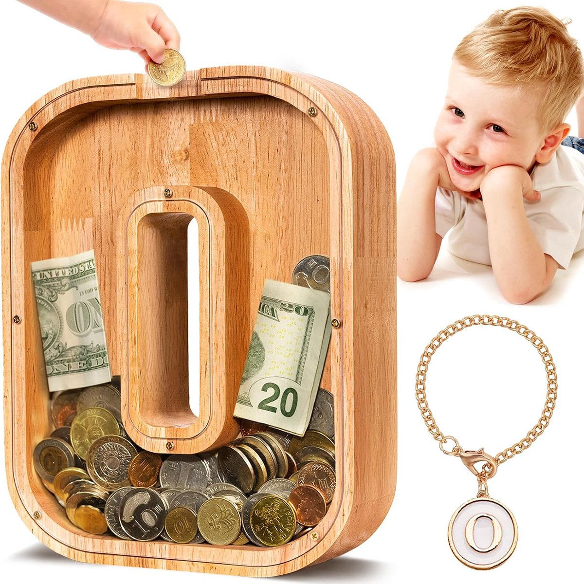 Houten Letter Piggy Bank| Spaarvarken voor Jongens Meisjes Peuter | Alfabet O Money Bank| Coin Bank Verjaardagscadeau voor kinderen|Kindercadeau (Initial-O)
