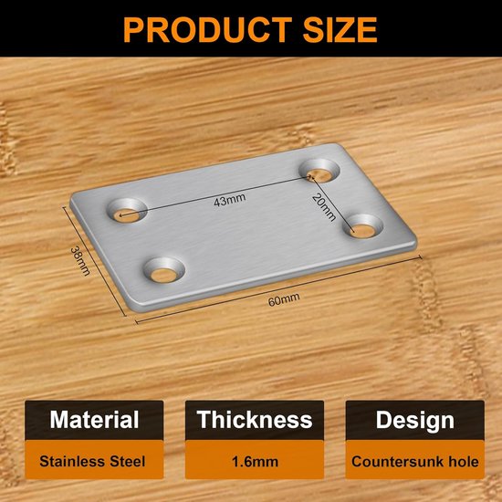 22 Stuks 60x38 mm Zilveren Rvs Verbindingsplaten - Ideaal Voor Wandplaathangers, Dwarssteunen, Terrasschroeven En Hekpaalreparatie — afbeelding 4