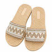 Beige dames slippers instap sandalen platte slippers open teen dikke zool bohemian geborduurde band casual zomer slippers antislip maat 38