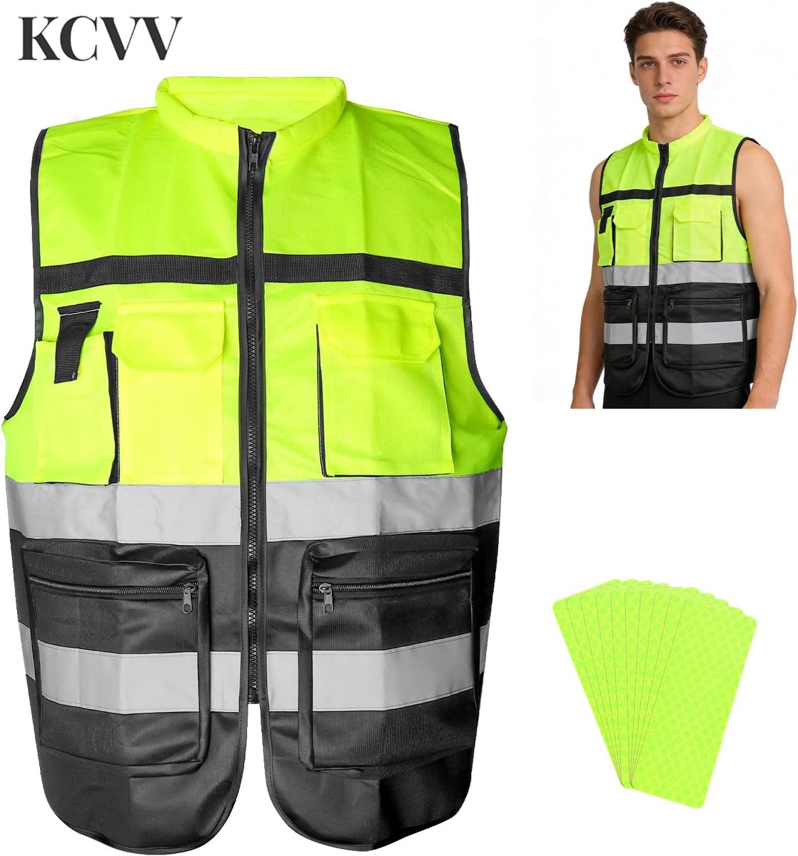 Veiligheidsvest met rits-veiligheidsvest motor-Reflecterend veiligheidsvest - reflecterend vest - neongeel met rits en zakken - groen fietsvest, verkeersveiligheidsvest - vest voor dagelijks gebruik op de bouwplaats - groen - 118x61 cm